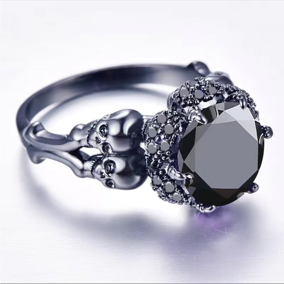 Gothic Skull Design with Black Stones Black Zircon Ring - Picture 2 of 3